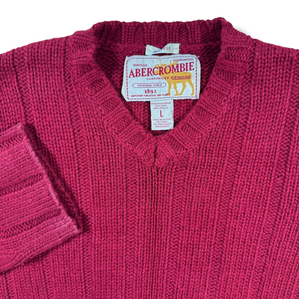 Abercrombie Sweater Mens L Red Vintage Muscle V-Neck Ribbed Wool Blend Knit